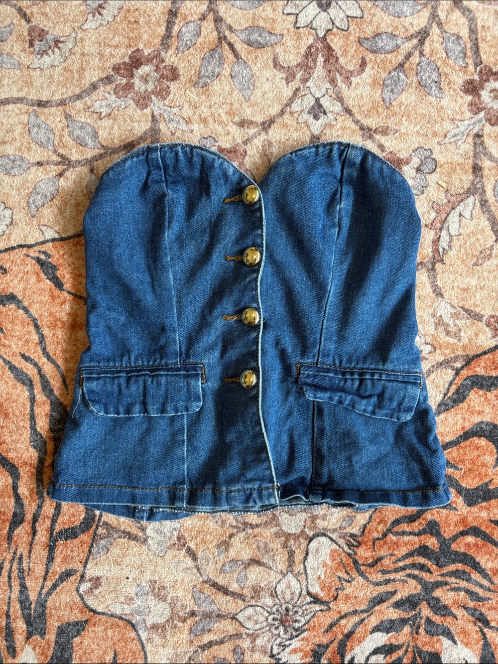 Smocked Denim Tube Top with Branded Tag